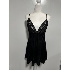 Tres Chic Designs Black Lace Trim Babydoll Chemise Nightgown Vintage Style 9911